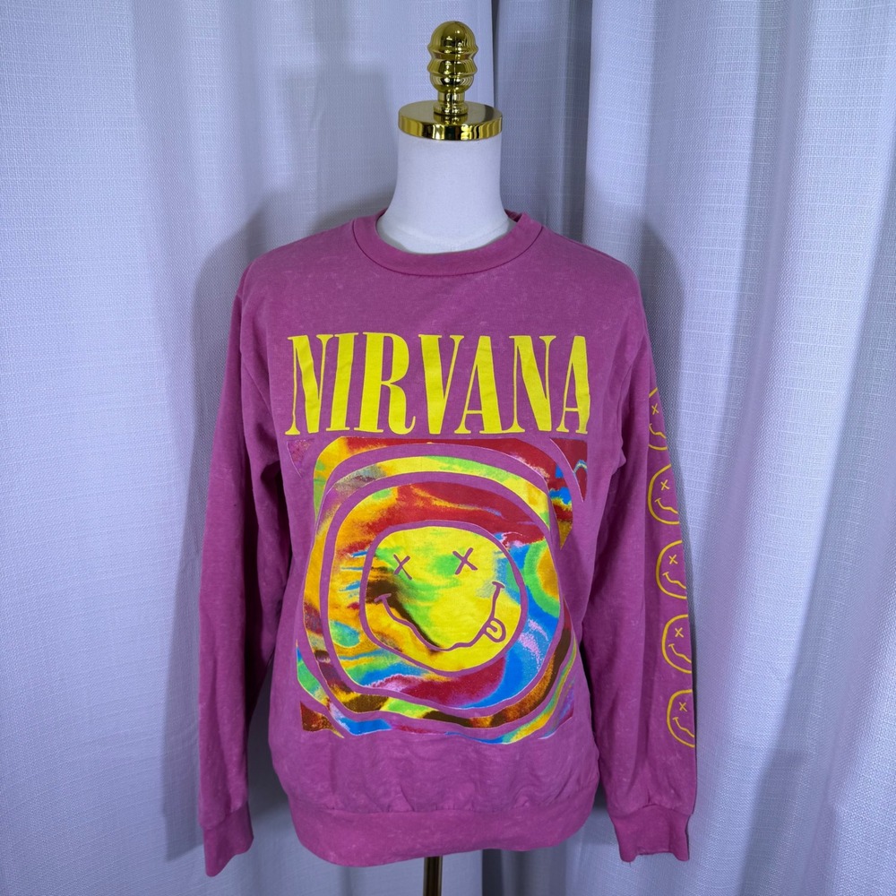 Nirvana Graphic Sweatshirt Women Small Pink Acid Wash Smiley Face Band Top